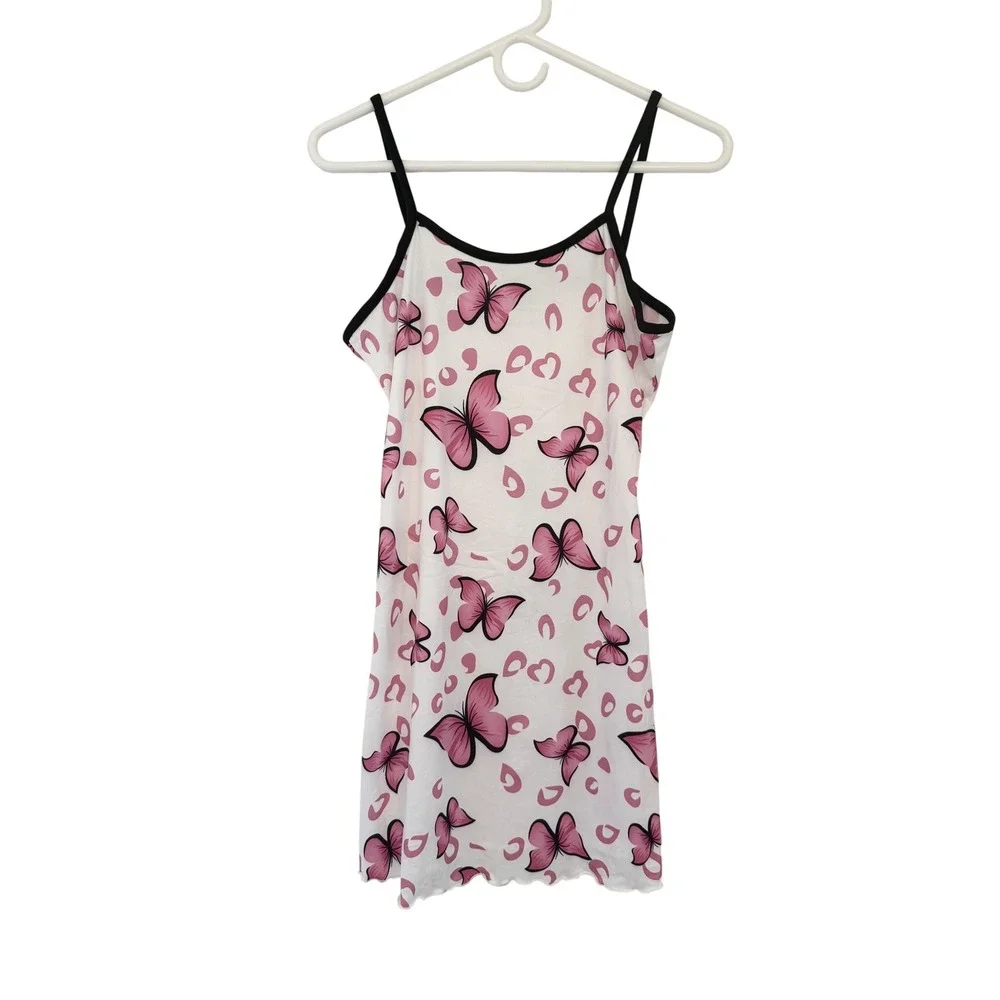 Pink Butterfly Print Nightgown Dress Black Trim Lettuce Hem Sleepwear Medium